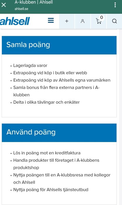 Ahlsells webbsite med information om A-klubben, där medlemmar kan samla och använda poäng genom köp, tävlingar och bonus från externa partners.