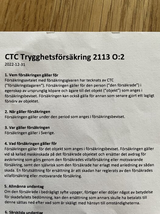CTC Trygghetsförsäkring 2113 O:2 dokument med detaljer om försäkringens giltighet och villkor, inklusive ägarbyten och täckning i Sverige.