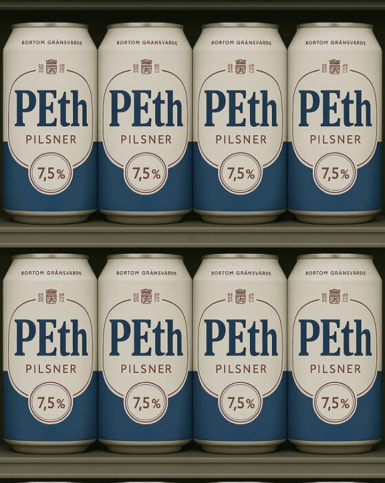 Åtta burkar PEth pilsner, 7,5% alkoholhalt, står uppradade på en hylla.