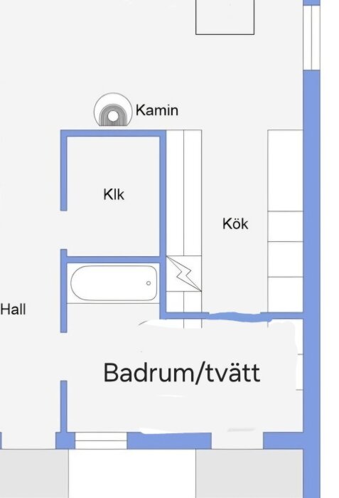 Planskiss av hem med badrum/tvättstuga, hall, kök och klädkammare; diskussion om ombyggnad av dörr till fönster.