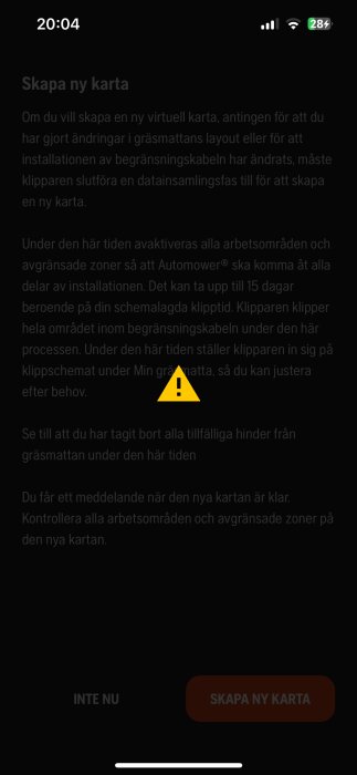 Mobilskärm med instruktioner för att skapa en ny karta för Automower, gul varningstriangel visas.