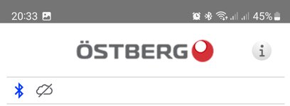 Appskärmsbild med Östberg-logotyp, Bluetooth aktivt, och symbol för molnanslutning avstängd.