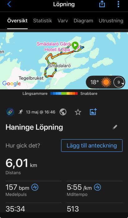 Löpningskarta från Smådalarö, Haninge, visar 6,01 km medeltempo 5:55/km och medelpuls 157 bpm. Temperatur 18°C och soligt.