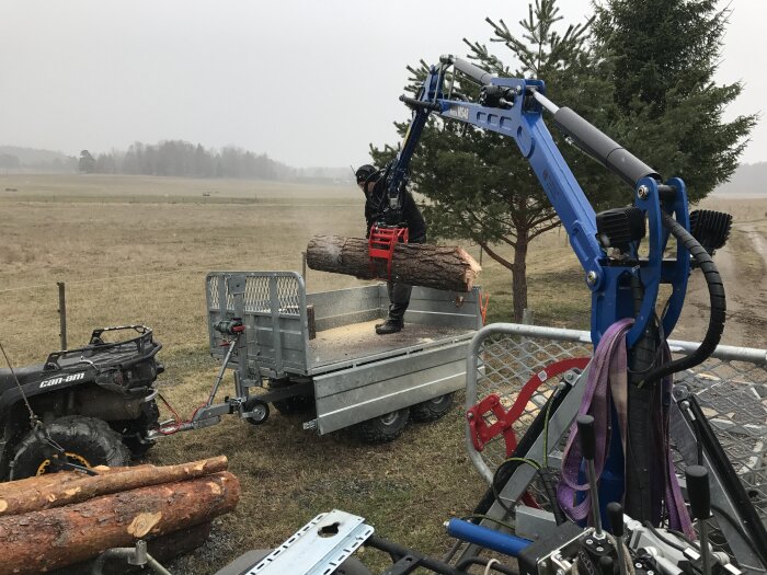 Kran lyfter stock på släpvagn med tippfunktion i ett lantligt område, vid trädgårdsarbete.