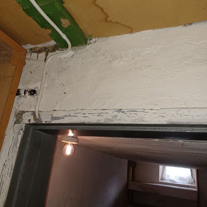 Betongbjälklag med synlig träsyll och elledning i matkällare.