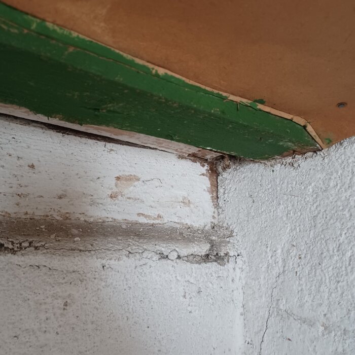 Hörn av matkällare med betongbjälklag och träsyll, delvis inmurad och byggd med träkonstruktion på toppen.