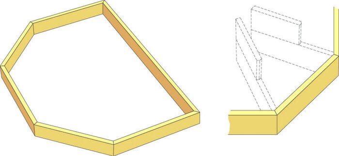 Ritning av en entrétrappa med ramverk av trä, sexhörnig form till vänster och vy från sidan till höger, med plats för steg.