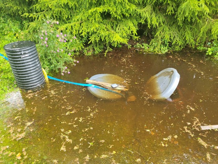 Översvämning med en stor vattenpöl, träföremål och en svart cylinderformad behållare bredvid gröna buskar.