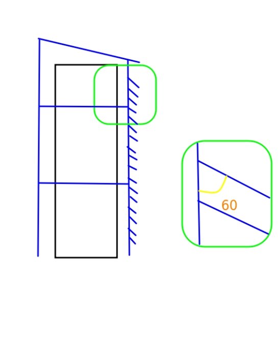 Ritning av VP-skydd med trall, sidorna öppna, framsidan vinklad 60 grader. Inkluderar närbild av vinkeln.