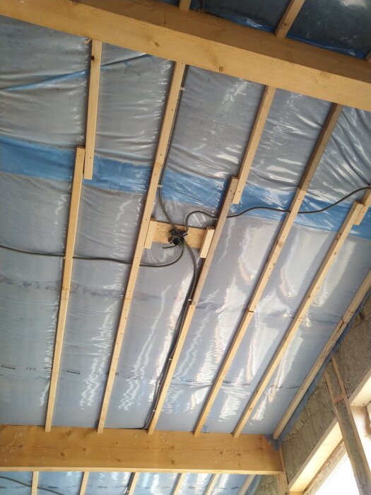 Innertak under uppbyggnad med träreglar och blå ångspärrsplast synliga. En elektrisk kabel löper genom konstruktionen.