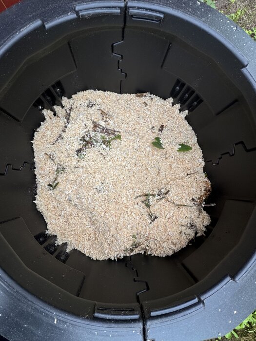 Behållare fylld med sågspån och några grenar och blad.