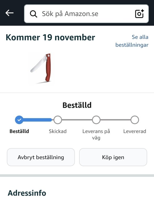 Beställningsbekräftelse från Amazon för en rakkniv med förväntad leverans 19 november, markerar lång leveranstid.