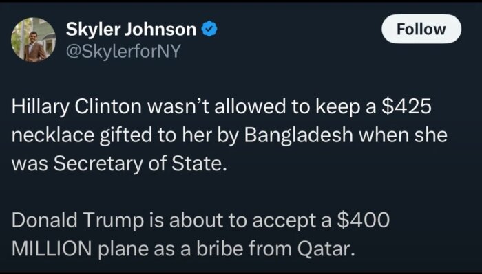 Tweet jämför en gåva Hillary Clinton nekades med en lyxgåva till Trump.