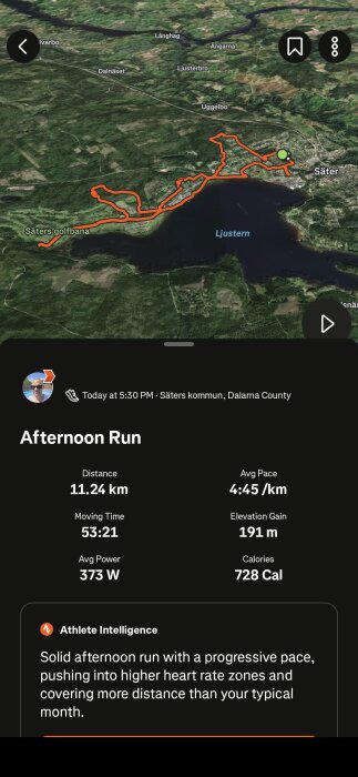 Löpning i Säters kommun, visar en rutt på 11,24 km längs Ljustern. Statistik: medeltempo 4:45/km, 191 m höjdstigning, 728 kalorier brända.