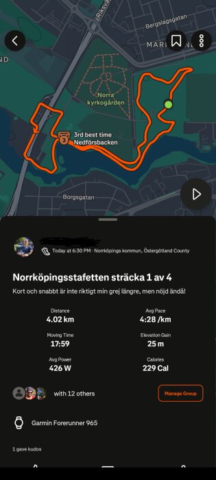 Karta och statistik över en 4,02 km löprunda i Norrköping, markerad med en röd linje kring Norra kyrkogården, med detaljer om tid och hastighet.
