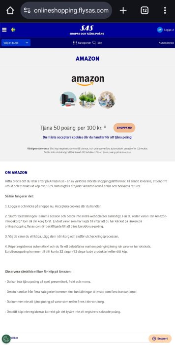 Skärmbild av SAS EuroBonus-webbsida för online-shopping med Amazon, visar poängtjänande information och logotyp.