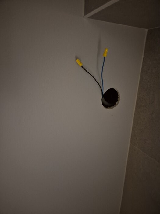 Två elledningar med gula kopplingsmuttrar sticker ut från ett hål i en grå vägg, troligen för installation av en elektrisk komponent.
