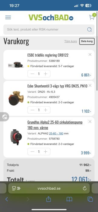 Bild av varukorg från vvsochbad.se med ESBE trådlös reglering, Shuntventil och Grundfos Alpha2 cirkulationspump, samt deras priser och produktnummer.
