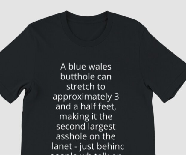 T-shirt med humoristisk text om blåvalsens anatomi och en jämförelse.