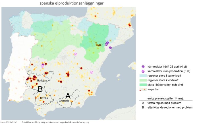 Karta över spanska elproduktionsanläggningar med kärnreaktorer, vattenkraft, vindkraft och solparker, markerar problemregioner Granada, Badajoz och Sevilla.
