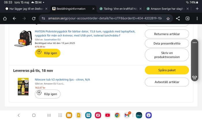 Amazon-beställningsskärm med en produktlista, inklusive en picknickryggsäck och ett nyckelringljus.