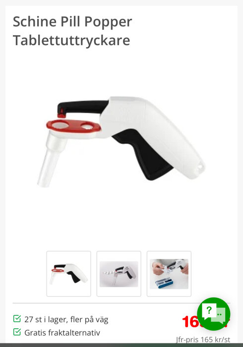 Bild på Schine Pill Popper tablettuttryckare med ergonomisk design, visas med tillhörande avtrycksmekanism och stilren finish.