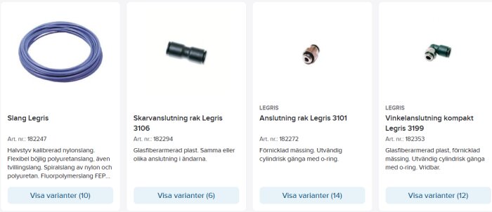 Bild av Legris tryckluftskomponenter: slang, skarvanslutning, rak anslutning och vinkelanslutning, med produktbeskrivningar och art.nr.