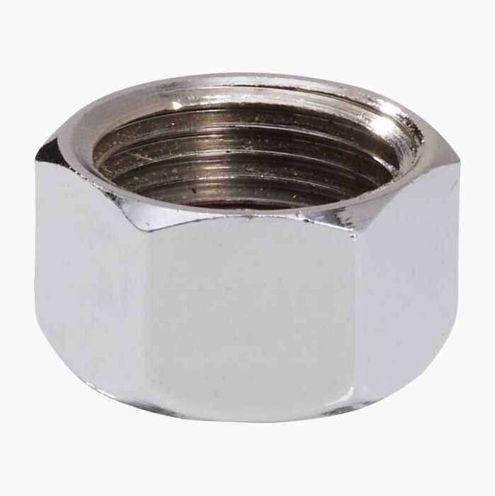 Kromat ändlock med gängor, används för att stänga av vattenkopplingar, fotograferat mot en vit bakgrund.