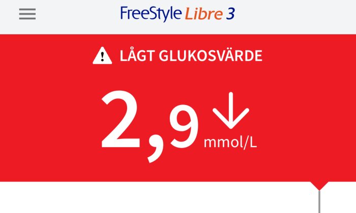 Lågt glukosvärde vid 2,9 mmol/L visas med en varningsikon och nedåtpil på en röd bakgrund från en FreeStyle Libre 3 display.