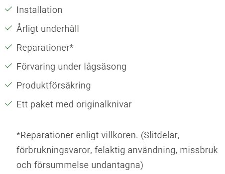 Lista över tjänster för underhåll och service av en maskin, inklusive installation, årligt underhåll, reparationer och förvaring.