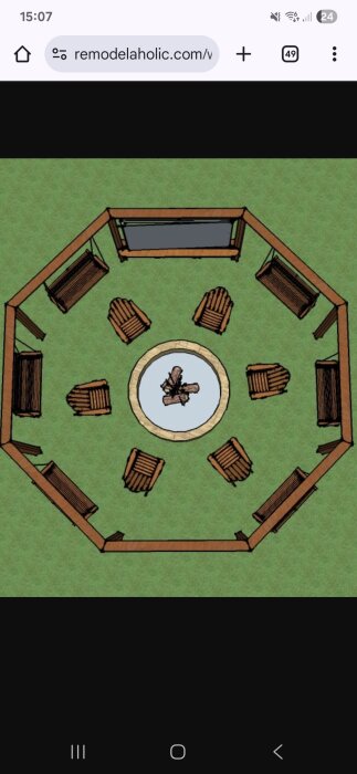 Diagram av en åttakantig uteplats med gungor och bänkar längs kanterna och en eldstad i mitten, utan tak.