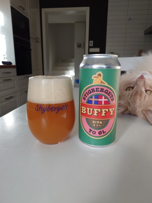 Ölglas med Stigbergets-tryck bredvid en burk "Stigbergets Buffy DIPA" på ett bord, med en katt som syns i bakgrunden.