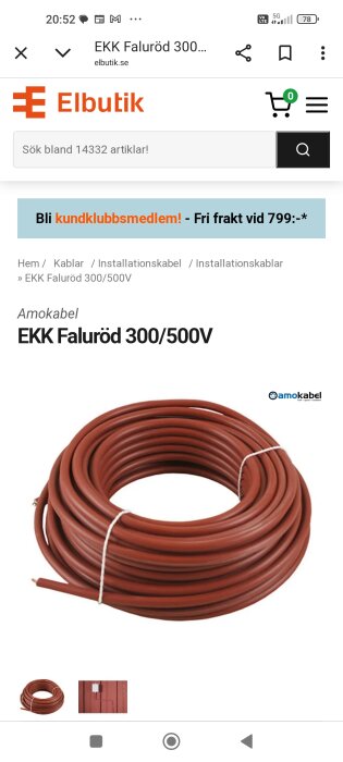 Röd installationskabel EKK Faluröd 300/500V på rulle från Amokabel, visas på en produktwebbplats med erbjudande om fri frakt över 799 kronor.