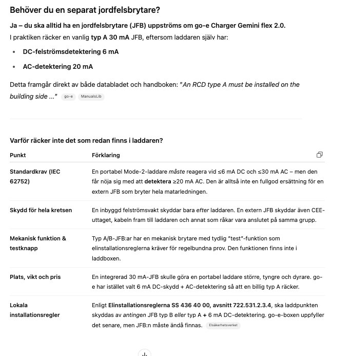 Text med information om behovet av separat jordfelsbrytare för go-e Charger Gemini flex 2.0, inklusive standardkrav och installationsregler.