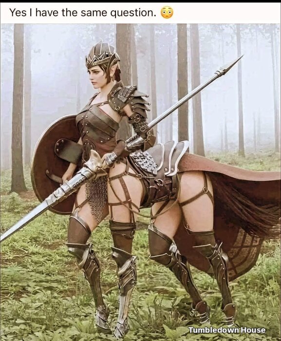 Fantasykrigare i skogsmiljö, iklädd rustning, med lans och sköld. Krigarens underkropp liknar en häst. Skog i bakgrunden.