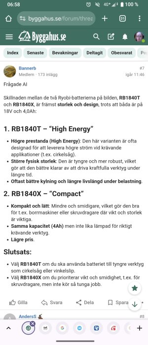 Skärmbild från Byggahus.se med diskussion om Ryobi-batterierna RB1840T och RB1840X, deras egenskaper och val beroende på verktygsanvändning.