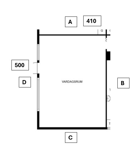 Planritning av vardagsrum med mått 410 cm x 500 cm, fönster/altandörr på vänster långsida och plats markerad för kamininstallation.