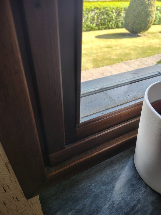 Bruna träfönster från 70-talet med trädgårdsutsikt, delvis synlig ytterkruka på fönsterbrädan.