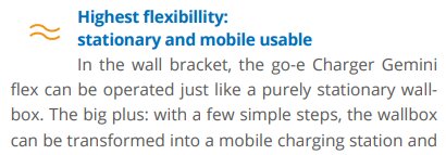 Text som beskriver go-e Charger Gemini flex, användbar som stationär och mobil laddstation.