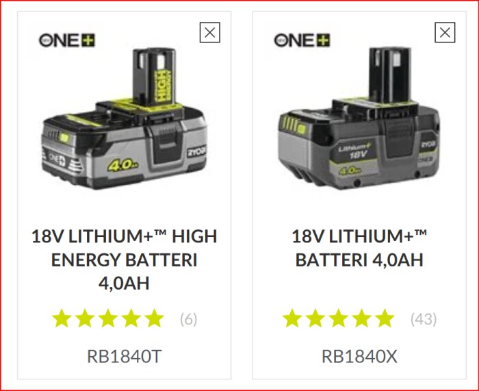 Två Ryobi 18V Lithium+-batterier (4,0Ah) jämförs, med modellnummer RB1840T och RB1840X, båda med liknande stjärnbetyg.