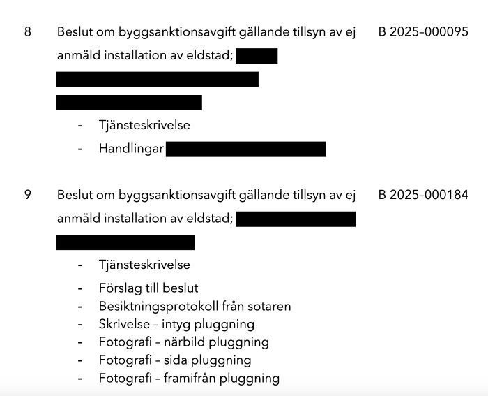 Dokument om byggsanktionsavgift för ej anmäld eldstadsinstallation; innehåller tjänsteskrivelse, handlingar och protokoll från sotare.
