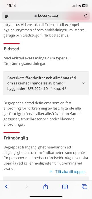 Text från Boverket om definitioner av eldstad och föreskrifter för säkerhet vid brand.