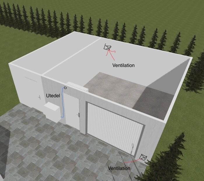 Visualisering av garage med carport, ventilation markerad på väggar, utedel luftvärmepump placerad vid ingång. Omgivande grönska och plattbelagd mark.