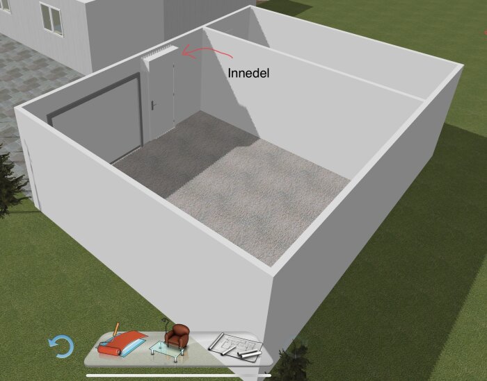 3D-ritning av garage med markerad innedel för luftvärmepump nära taket, visar potentiell placering för installation.