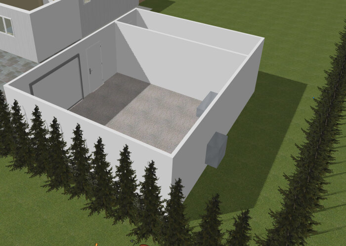 Rendering av ett vitmålat rum under byggnation med två stora ventiler monterade på väggarna, omgiven av gräs och träd.