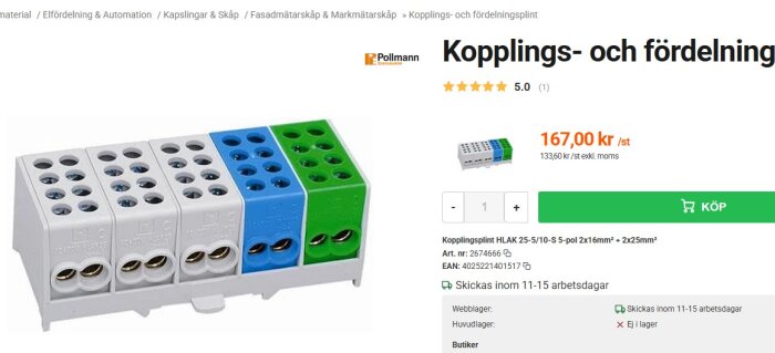 Kopplings- och fördelningsplint med fem sektioner för elanslutning, med tre vita, en blå och en grön sektion, visas bredvid produktspecifikationer.