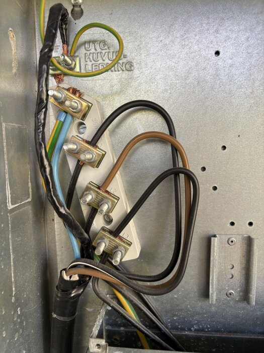 Elcentral med olika färgade kablar kopplade till plintar; grön-gul, blå, brun och svart kabel. Text på metallytan: "UTG HUVUD LEDNING".