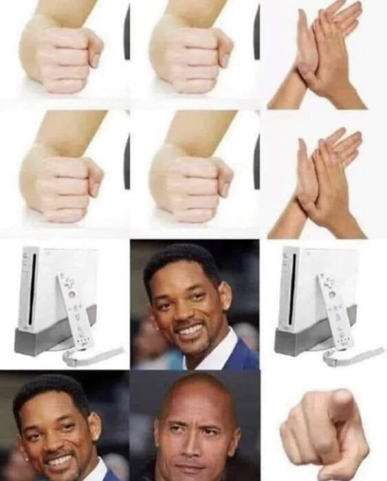 Bildserie med knytnävar, applåder, två spelkonsoler, två leenden och ett pekande finger.