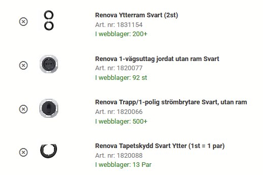 En inköpslista med olika Renova-produkter: ytterramsats, 1-vägsuttag, trapp/strömbrytare och tapetskydd i svart.