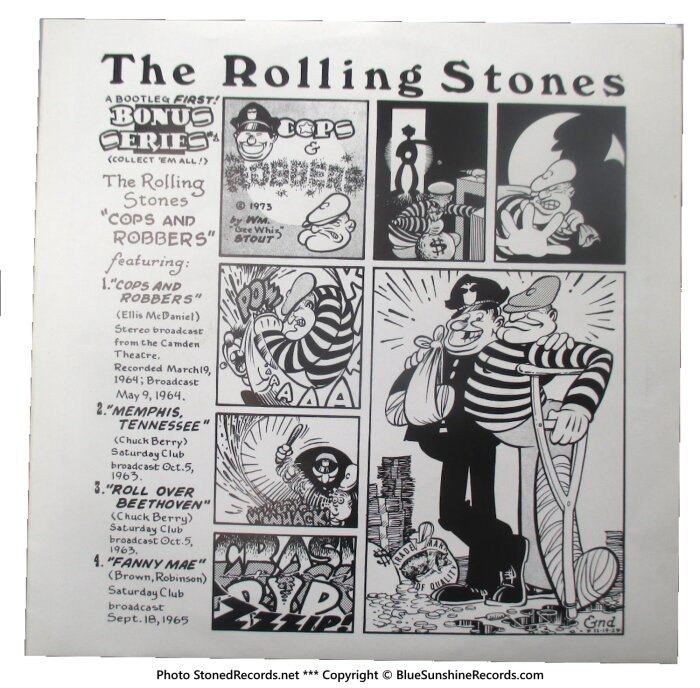 The Rolling Stones EP "Cops And Robbers" omslag med serieteckningar av polis och skurk, innehåller låtlista och utgivningsdetaljer.